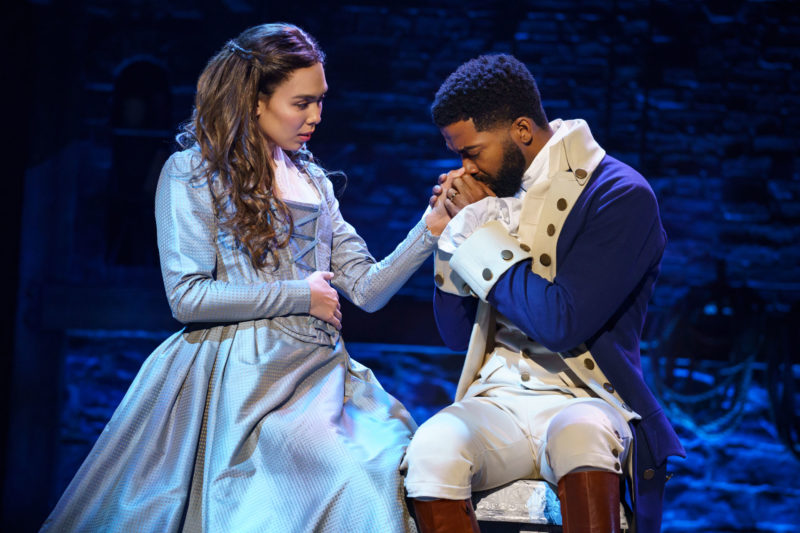 Julia K. Harriman as Eliza Hamilton and Julius Thomas III as Alexander Hamilton from the "And Peggy" company of Hamilton